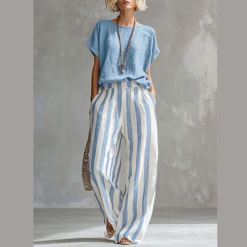 đ„ HALV PRIS I DAG đ« Casual damesett med vide stripete bukser â avslappet passform, moderne look & perfekt for sommeren âïž