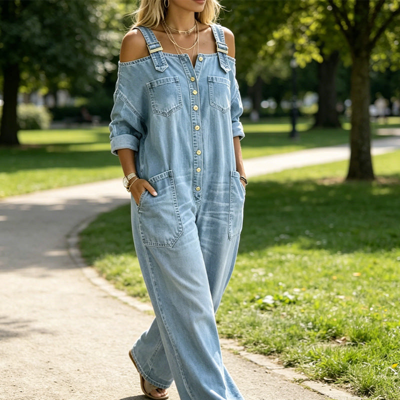 đ„ 50% RABATT đâš Cold-shoulder jumpsuit med vida ben & fickor â luftig komfort och stilren elegans för sommaren âïž
