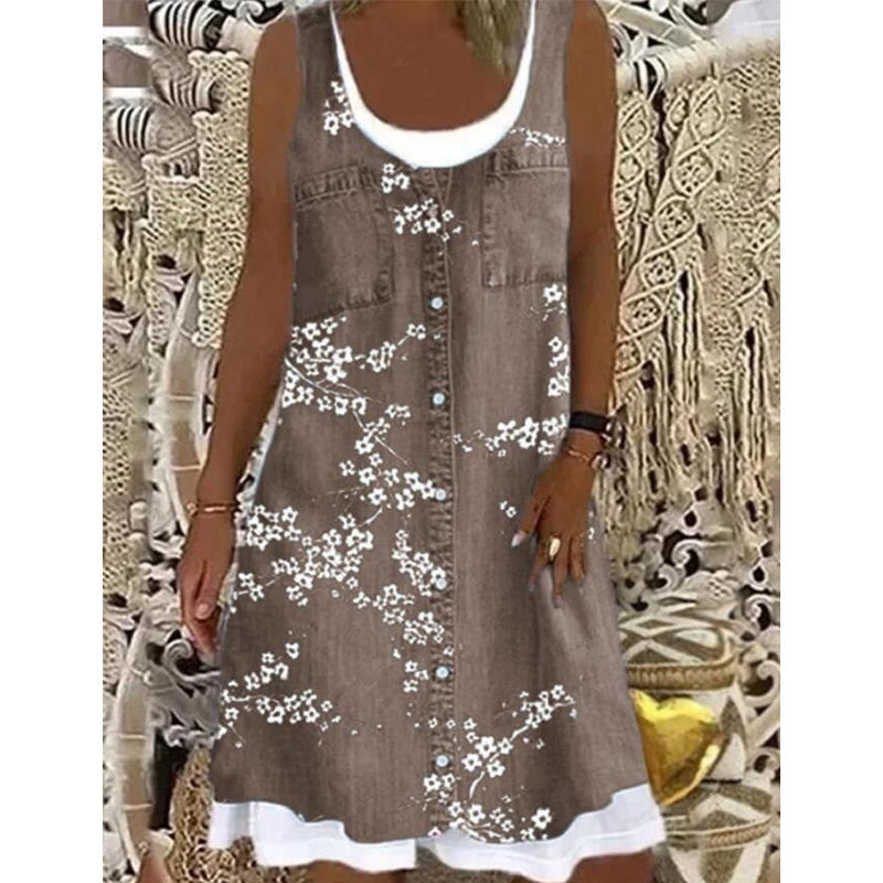 đ„ 50% RABATT đ Faux Two-Piece Denim Print Dress âš Trendig lager-pĂ„-lager-look med elegant passform & bekvĂ€m kĂ€nsla hela dagen đ
