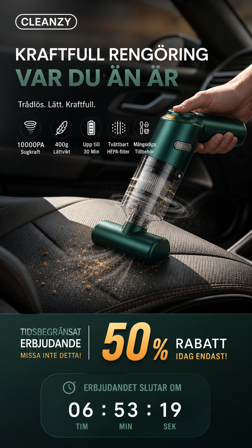đ 50% RABATT NU! đ Kraftfull TrĂ„dlös Dammsugare för Bil â Kompakt & Sladdlös â Stark Sugkraft för Snabb & Enkel Rengöring đ§č