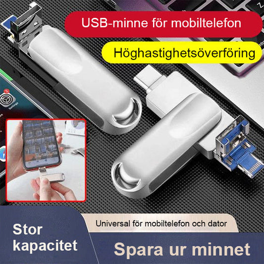 👍Multifunktionellt USB-Minne med Stor Kapacitet och 4-i-1-Utbyggnad för Mobiltelefon✨📱🔋