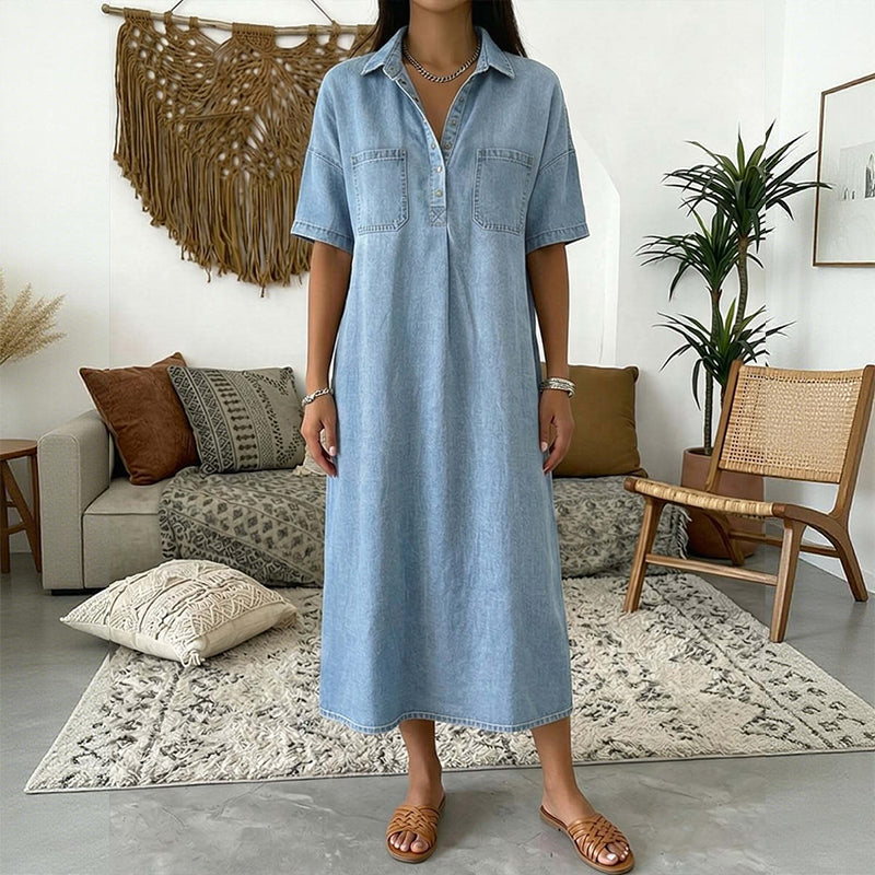 👗 Få 60 % rabatt nu! 👖 Midiklänning i denim med fickor – Mjukt denimtyg, avslappnad passform – Praktiska fickor, perfekt för vardagsbruk – Bekväm och mångsidig ✨🌸