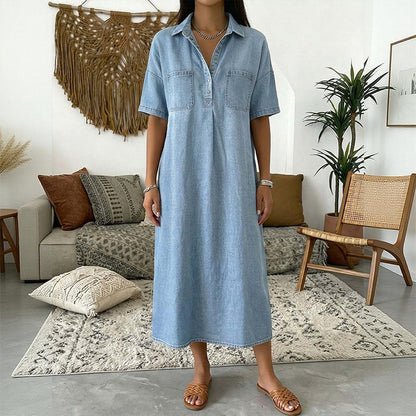 👗 Få 60 % rabatt nu! 👖 Midiklänning i denim med fickor – Mjukt denimtyg, avslappnad passform – Praktiska fickor, perfekt för vardagsbruk – Bekväm och mångsidig ✨🌸