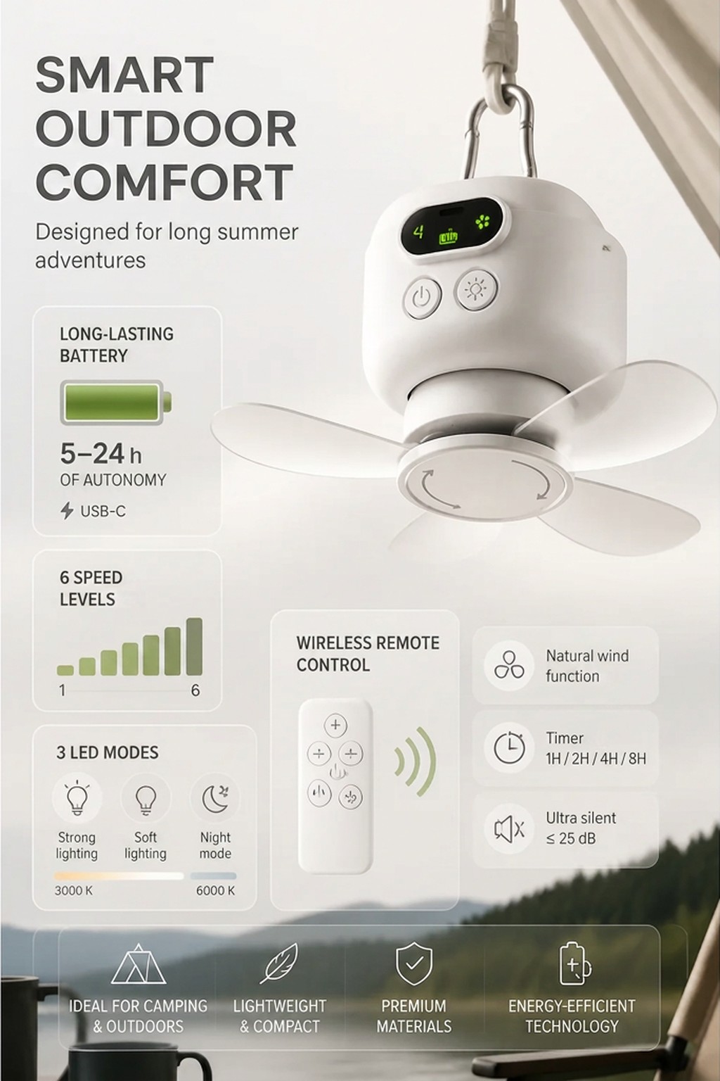 🌿✨ 50% OFF – Smart & portabel takfläkt med LED-lampa 🌬️ Skapa en sval och behaglig känsla var du än är 💡