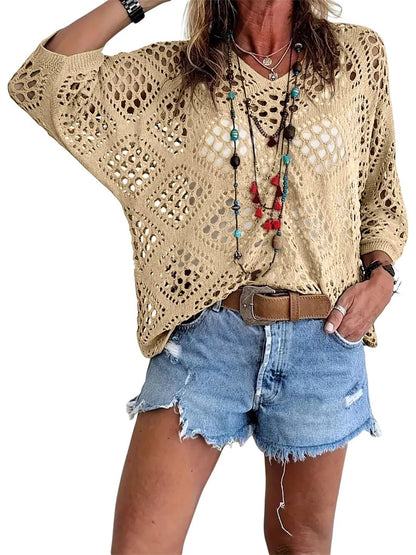 🌸☀️✨ PROMO -50% ! Haut en Crochet Bohème pour Femme – Encolure en V, Tissu Léger & 5 Couleurs (S-4XL)