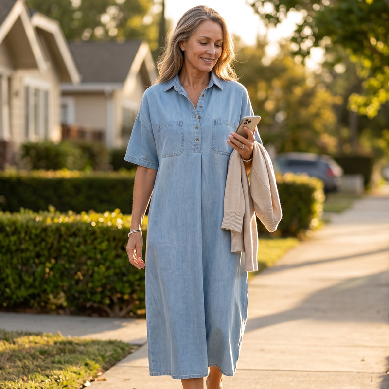 👗 Få 60 % rabatt nu! 👖 Midiklänning i denim med fickor – Mjukt denimtyg, avslappnad passform – Praktiska fickor, perfekt för vardagsbruk – Bekväm och mångsidig ✨🌸