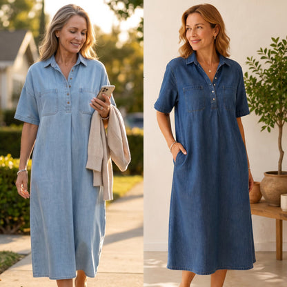 👗 Få 60 % rabatt nu! 👖 Midiklänning i denim med fickor – Mjukt denimtyg, avslappnad passform – Praktiska fickor, perfekt för vardagsbruk – Bekväm och mångsidig ✨🌸
