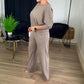 Elegante cardigan lungo, top e pantaloni, set di 3 pezzi