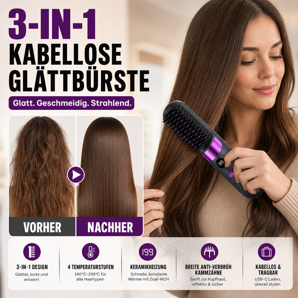 💇‍♀️🔥 Sladdlös 3-i-1-plattång – Rätar ut, lockar och slätar ut håret i en borste – USB-C-laddning, 4 temperaturinställningar – Skapa den perfekta frisyren när som helst, var som helst! ✨