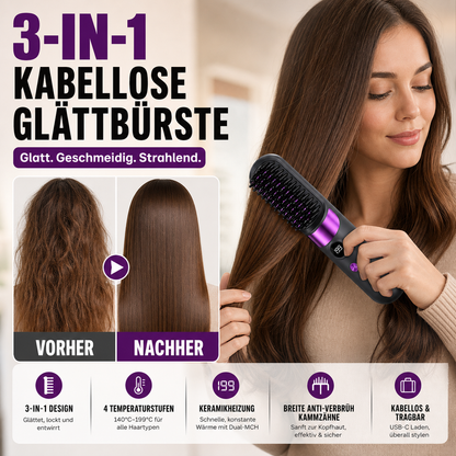 💇‍♀️🔥 Sladdlös 3-i-1-plattång – Rätar ut, lockar och slätar ut håret i en borste – USB-C-laddning, 4 temperaturinställningar – Skapa den perfekta frisyren när som helst, var som helst! ✨