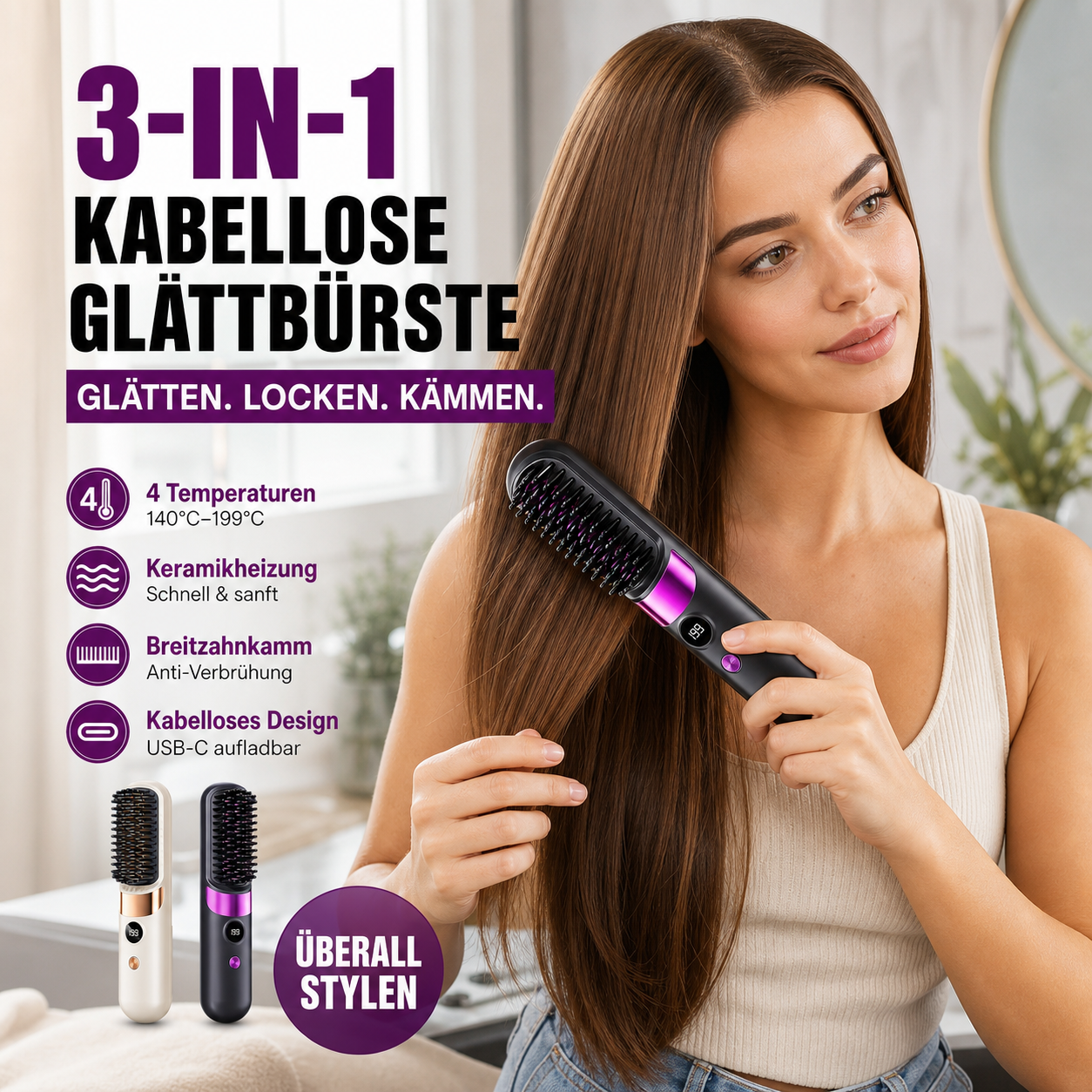 💇‍♀️🔥 Sladdlös 3-i-1-plattång – Rätar ut, lockar och slätar ut håret i en borste – USB-C-laddning, 4 temperaturinställningar – Skapa den perfekta frisyren när som helst, var som helst! ✨