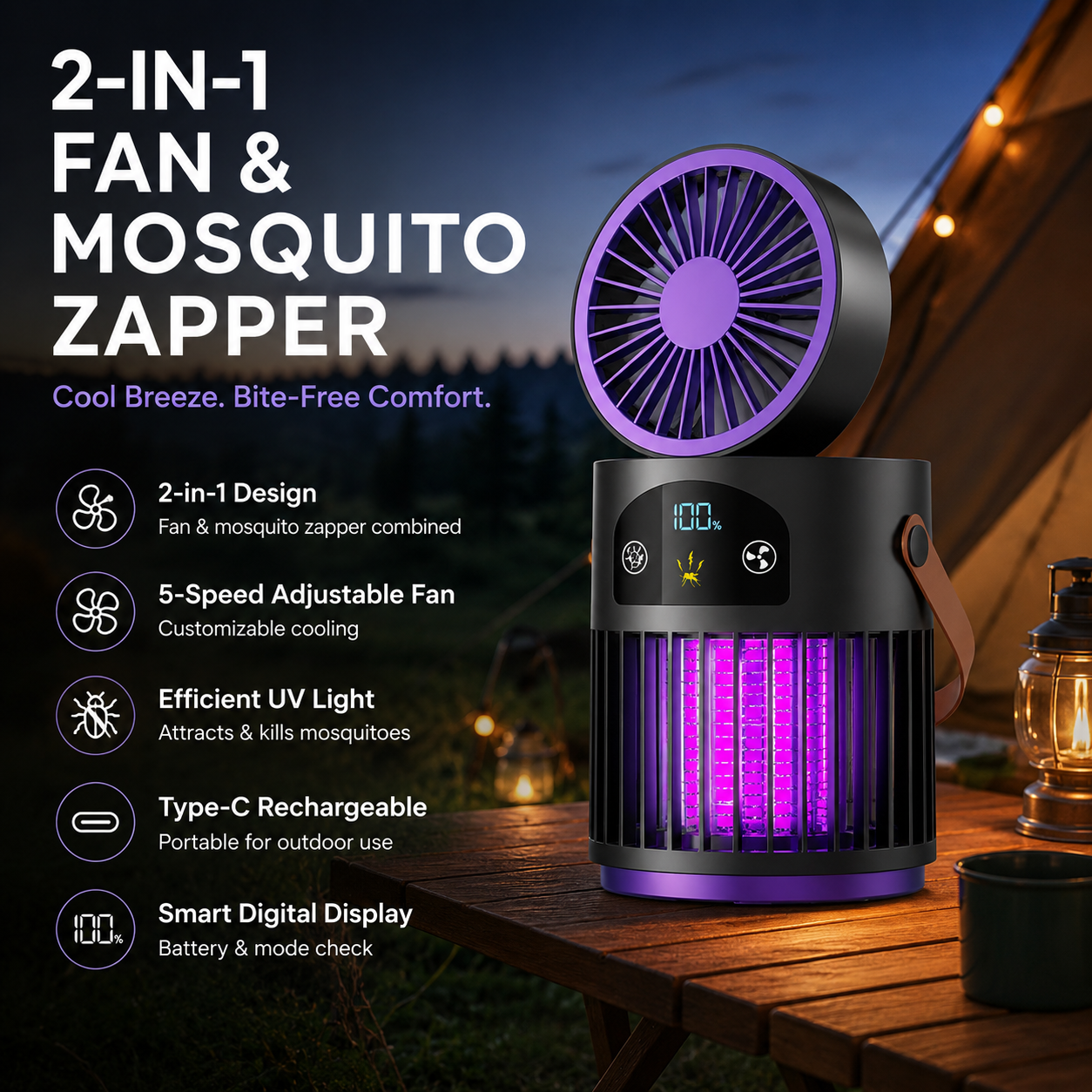 🌿 50% RABATT – Smart utomhuskomfort 💡 Uppladdningsbar fläkt med inbyggd UV-buggdödare 🔥 Ta med den till stranden, trädgården eller camping ✨