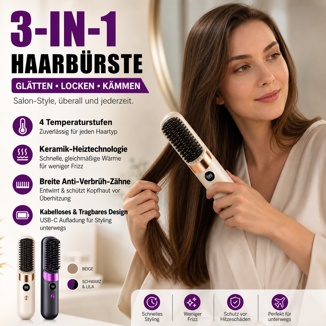 💇‍♀️🔥 Sladdlös 3-i-1-plattång – Rätar ut, lockar och slätar ut håret i en borste – USB-C-laddning, 4 temperaturinställningar – Skapa den perfekta frisyren när som helst, var som helst! ✨