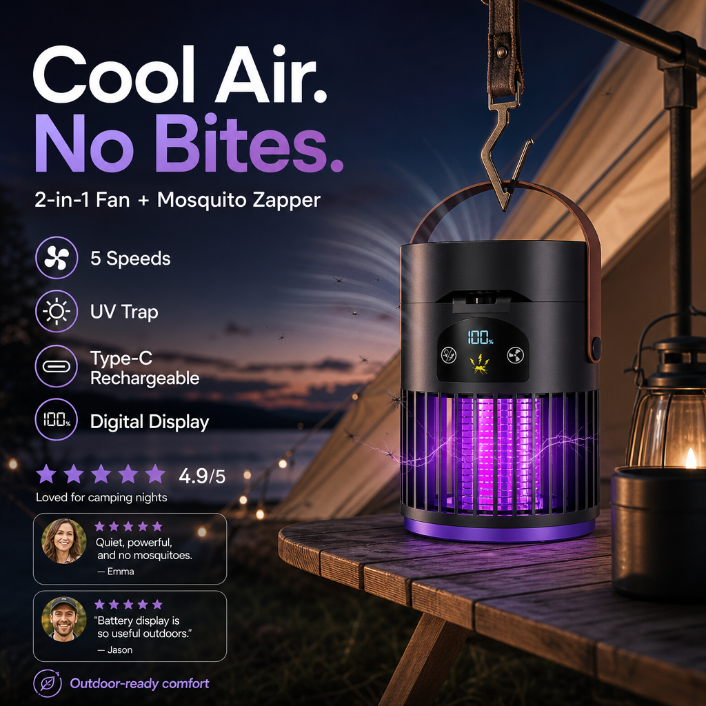 🌿 50% RABATT – Smart utomhuskomfort 💡 Uppladdningsbar fläkt med inbyggd UV-buggdödare 🔥 Ta med den till stranden, trädgården eller camping ✨