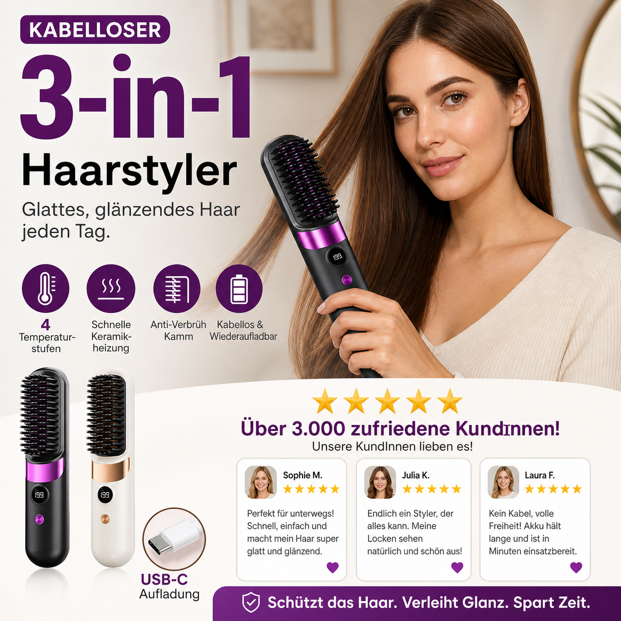 💇‍♀️🔥 Sladdlös 3-i-1-plattång – Rätar ut, lockar och slätar ut håret i en borste – USB-C-laddning, 4 temperaturinställningar – Skapa den perfekta frisyren när som helst, var som helst! ✨