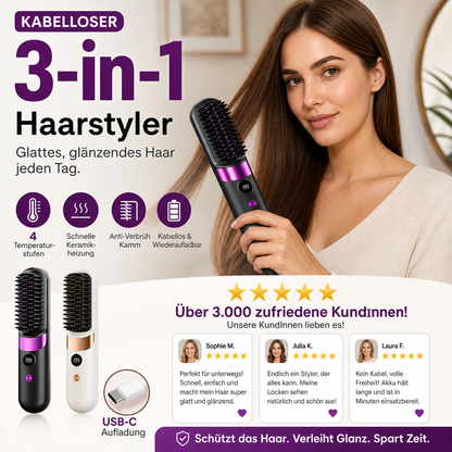 💇‍♀️🔥 Sladdlös 3-i-1-plattång – Rätar ut, lockar och slätar ut håret i en borste – USB-C-laddning, 4 temperaturinställningar – Skapa den perfekta frisyren när som helst, var som helst! ✨