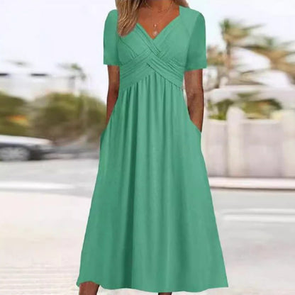 👗💙 50% OFF TODAY! ✨ Women’s V-Neck Short Sleeve Long Dress 🌸 Elegant Flowing Fit, Comfortable Fabric & Effortless Everyday Style