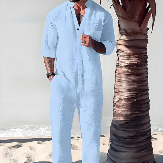 🌿 Stylisches zweiteiliges Set für Männer aus Baumwolle und Leinen: Oberteil und Hose