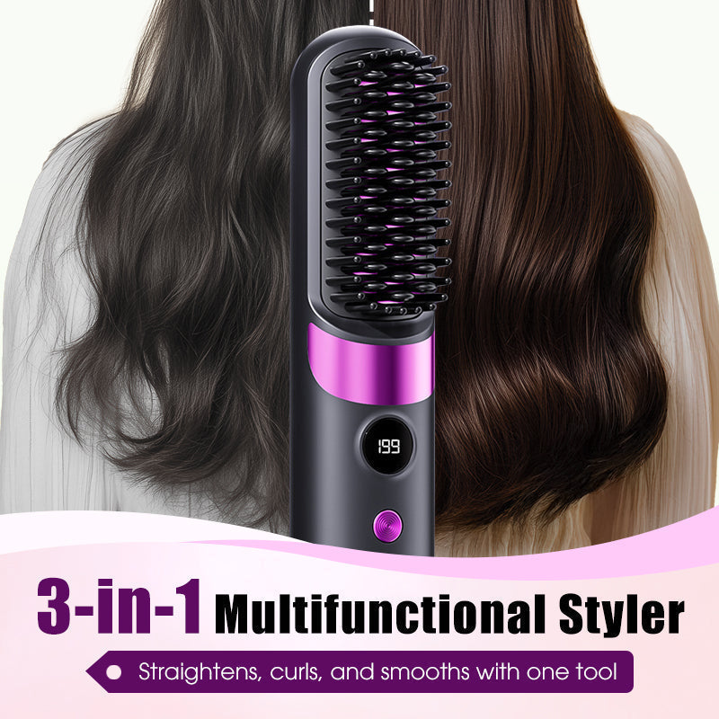 💇‍♀️🔥 Sladdlös 3-i-1-plattång – Rätar ut, lockar och slätar ut håret i en borste – USB-C-laddning, 4 temperaturinställningar – Skapa den perfekta frisyren när som helst, var som helst! ✨