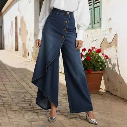 🔥 50% RABATT 👖 Asymmetriska wrap denim kjolbyxor 🌀 högmidjad design, vida ben & trendig knapprad ✨
