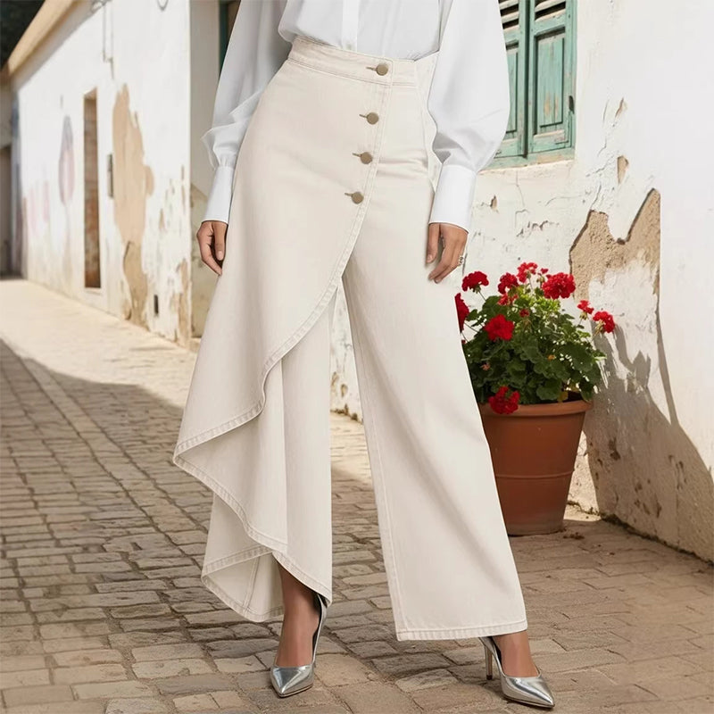 🔥 50% RABATT 👖 Asymmetriska wrap denim kjolbyxor 🌀 högmidjad design, vida ben & trendig knapprad ✨