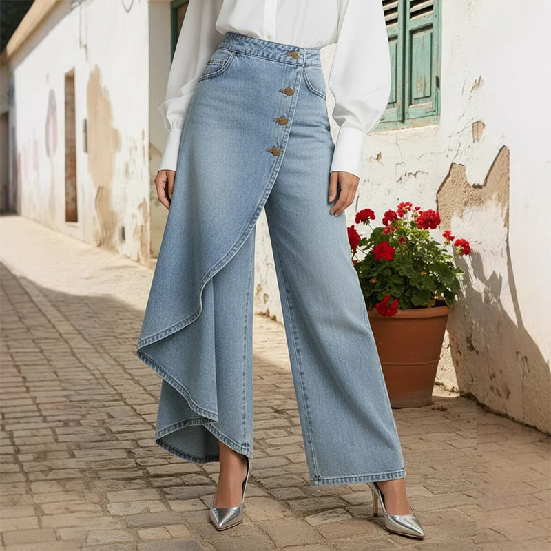 🔥 50% RABATT 👖 Asymmetriska wrap denim kjolbyxor 🌀 högmidjad design, vida ben & trendig knapprad ✨