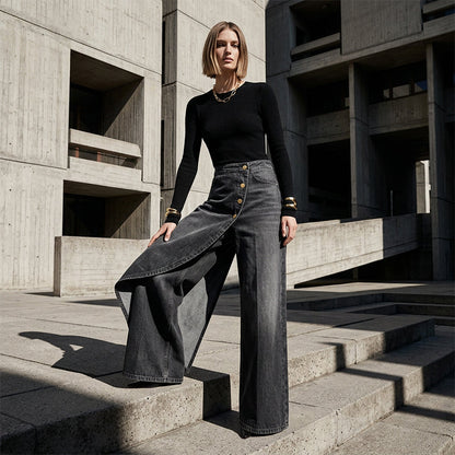 🔥 50% RABATT 👖 Asymmetriska wrap denim kjolbyxor 🌀 högmidjad design, vida ben & trendig knapprad ✨