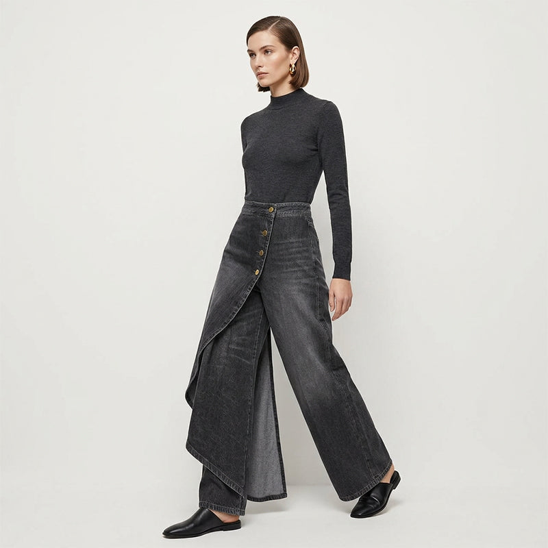 🔥 50% RABATT 👖 Asymmetriska wrap denim kjolbyxor 🌀 högmidjad design, vida ben & trendig knapprad ✨