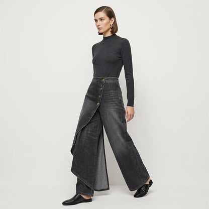 🔥 50% RABATT 👖 Asymmetriska wrap denim kjolbyxor 🌀 högmidjad design, vida ben & trendig knapprad ✨