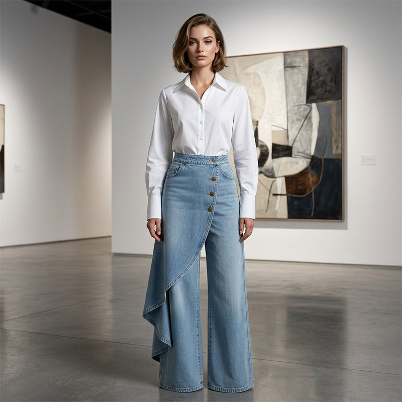 🔥 50% RABATT 👖 Asymmetriska wrap denim kjolbyxor 🌀 högmidjad design, vida ben & trendig knapprad ✨