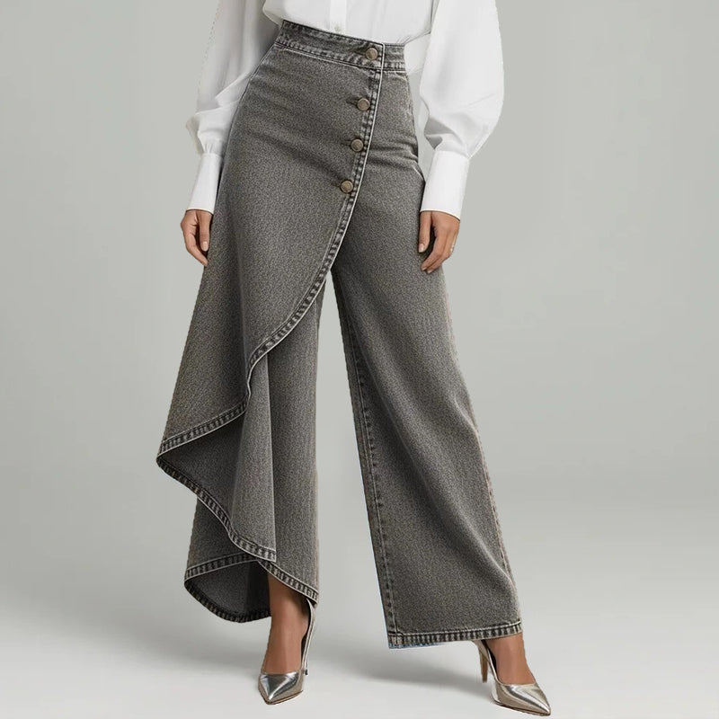 🔥 50% RABATT 👖 Asymmetriska wrap denim kjolbyxor 🌀 högmidjad design, vida ben & trendig knapprad ✨