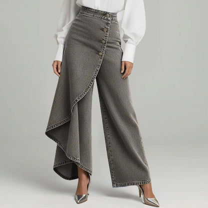 🔥 50% RABATT 👖 Asymmetriska wrap denim kjolbyxor 🌀 högmidjad design, vida ben & trendig knapprad ✨