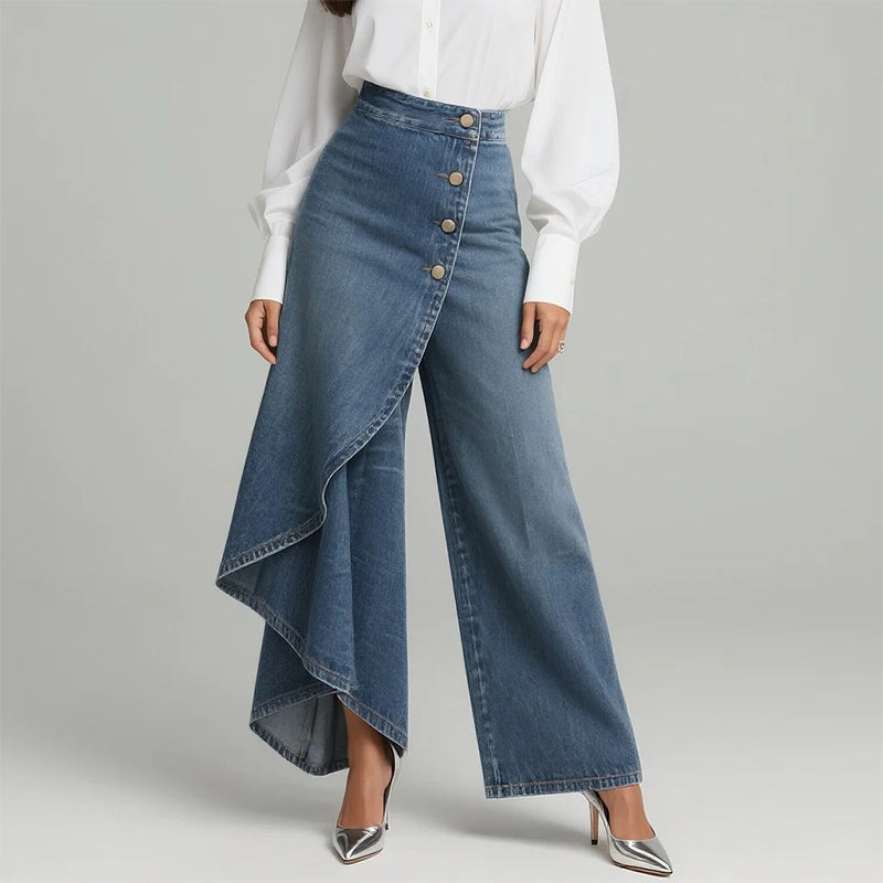 🔥 50% RABATT 👖 Asymmetriska wrap denim kjolbyxor 🌀 högmidjad design, vida ben & trendig knapprad ✨