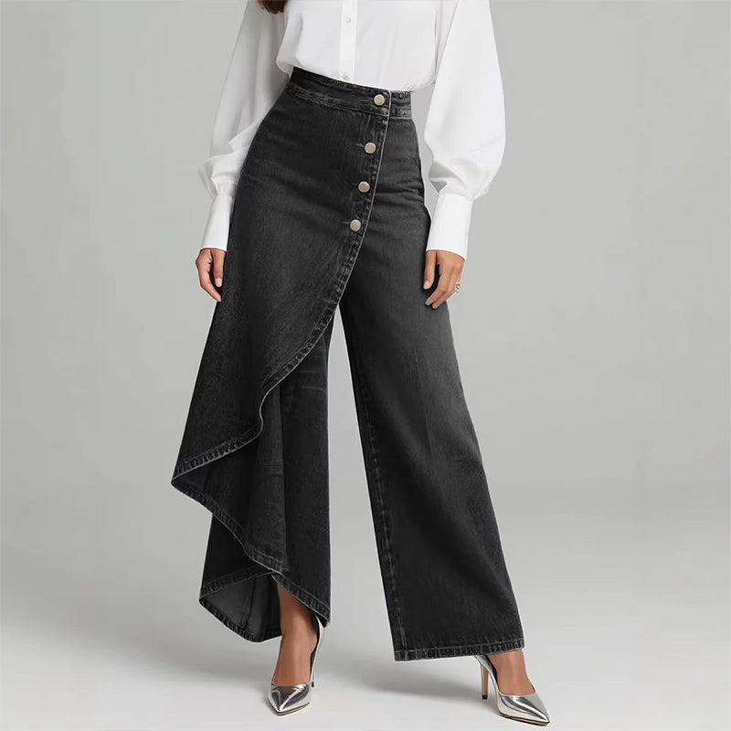 🔥 50% RABATT 👖 Asymmetriska wrap denim kjolbyxor 🌀 högmidjad design, vida ben & trendig knapprad ✨