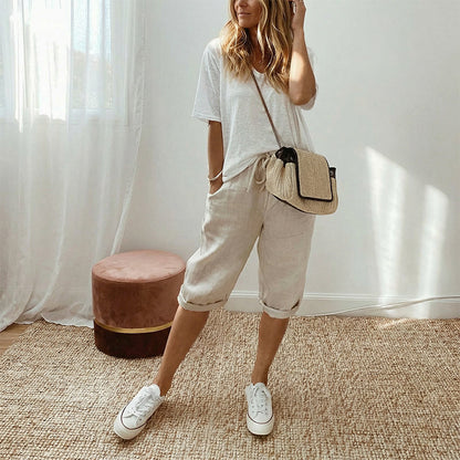 Pantaloni capri casual da donna in cotone e lino