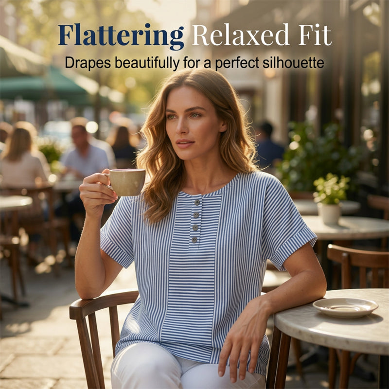 🌸🔥 50% RABATT NU! ⏰ Randig Henley-tröja för damer – stilren, mjuk & perfekt för vardagen ✨