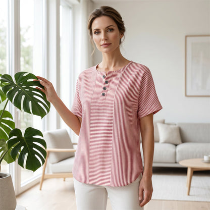 🌸🔥 50% RABATT NU! ⏰ Randig Henley-tröja för damer – stilren, mjuk & perfekt för vardagen ✨