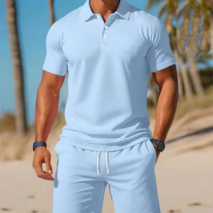 🔥⏰ 55% RABATT NU! 💥 Herr Sommarset – Polotröja + Shorts ☀️ stilrent, luftigt & perfekt för varma dagar 👕
