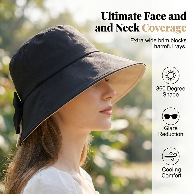 👒✨ 50% RABATT – Elegant solhatt med bred brätte & rosett 🎀 Hopfällbar design med 360° solskydd för sommarens alla dagar ☀️