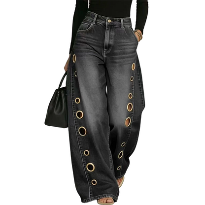 💥 50% RABATT 👖 Komfortabla vida jeans med dekorativa ringar ✨ Modern design, mjukt material & perfekt för alla tillfällen 🌸