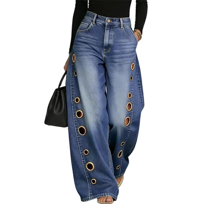 💥 50% RABATT 👖 Komfortabla vida jeans med dekorativa ringar ✨ Modern design, mjukt material & perfekt för alla tillfällen 🌸