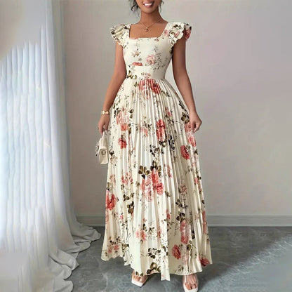 🔥 50% RABATT 👗 Blommig maxiklänning med romantisk charm 🌸 Fyrkantig urringning, volangärmar & smickrande hög midja ✨