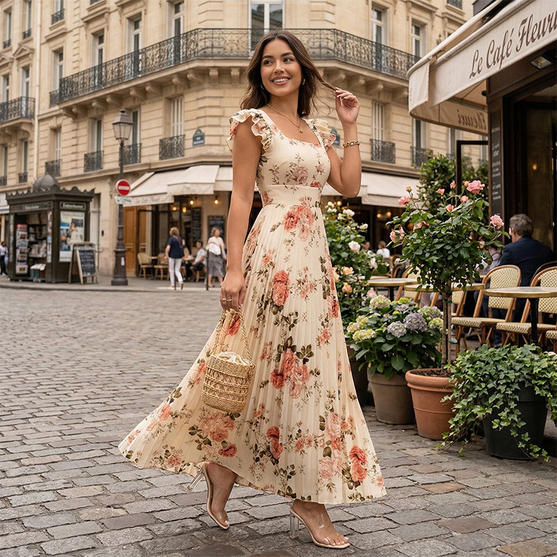🔥 50% RABATT 👗 Blommig maxiklänning med romantisk charm 🌸 Fyrkantig urringning, volangärmar & smickrande hög midja ✨
