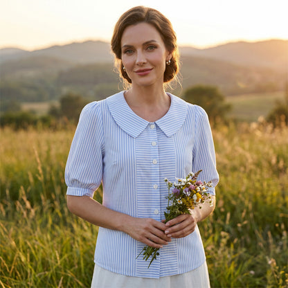 💥 50% RABATT ☁️ Gestreifte Damenbluse mit Puffärmeln & Knopfleiste – elegant, leicht & perfekt für den Sommer ✨