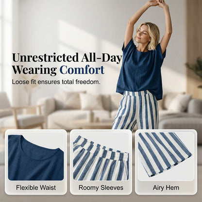 🔥 HALV PRIS I DAG 💫 Casual damesett med vide stripete bukser – avslappet passform, moderne look & perfekt for sommeren ☀️