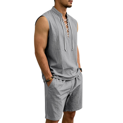 💥 50% RABATT 👕 Somrig komfort för varma dagar 🌿 Herr linne ärmlöst set med snörning – justerbar passform & sval känsla ☀️