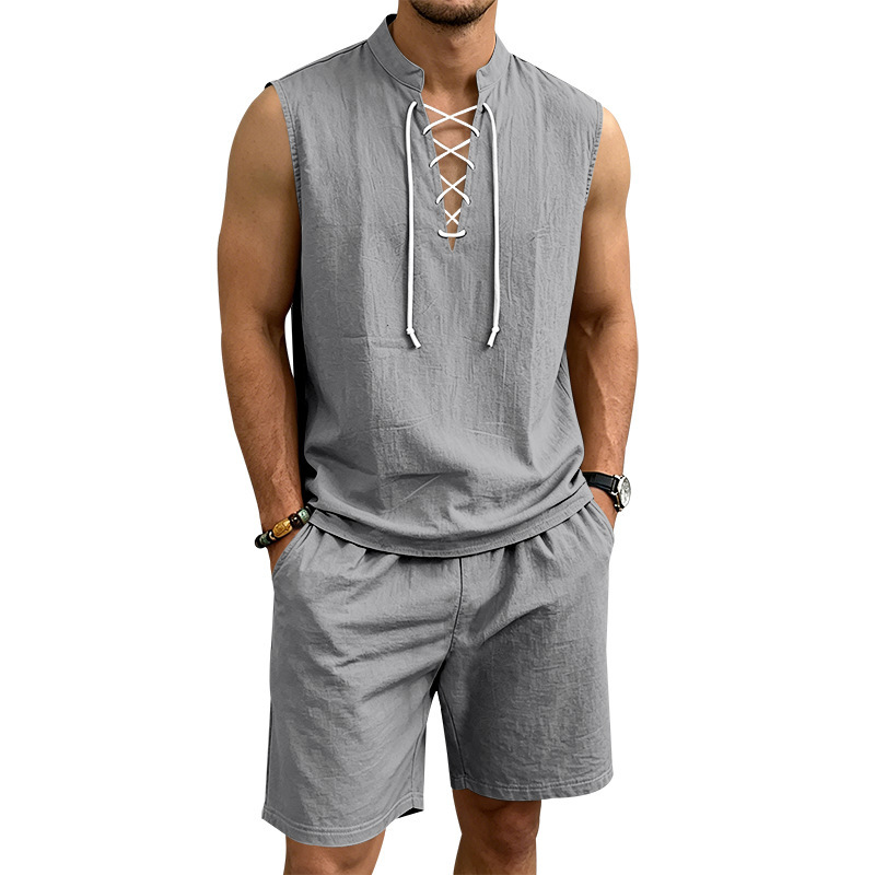 💥 50% RABATT 👕 Somrig komfort för varma dagar 🌿 Herr linne ärmlöst set med snörning – justerbar passform & sval känsla ☀️