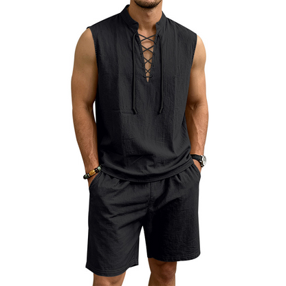 💥 50% RABATT 👕 Somrig komfort för varma dagar 🌿 Herr linne ärmlöst set med snörning – justerbar passform & sval känsla ☀️