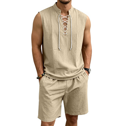 💥 50% RABATT 👕 Somrig komfort för varma dagar 🌿 Herr linne ärmlöst set med snörning – justerbar passform & sval känsla ☀️