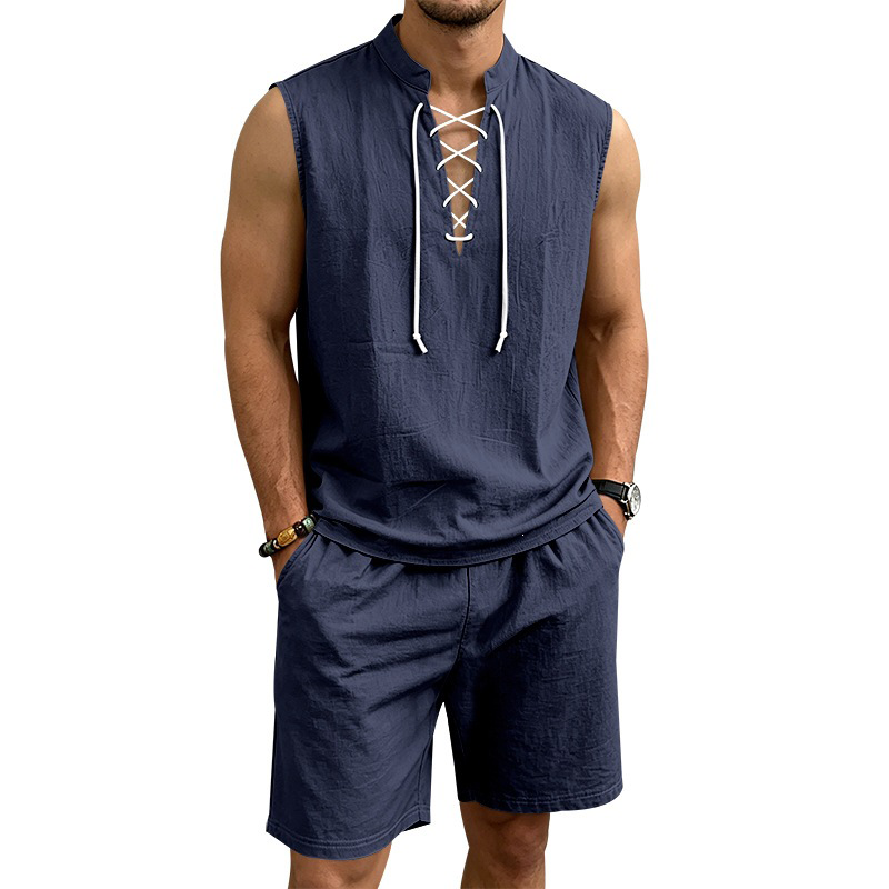 💥 50% RABATT 👕 Somrig komfort för varma dagar 🌿 Herr linne ärmlöst set med snörning – justerbar passform & sval känsla ☀️